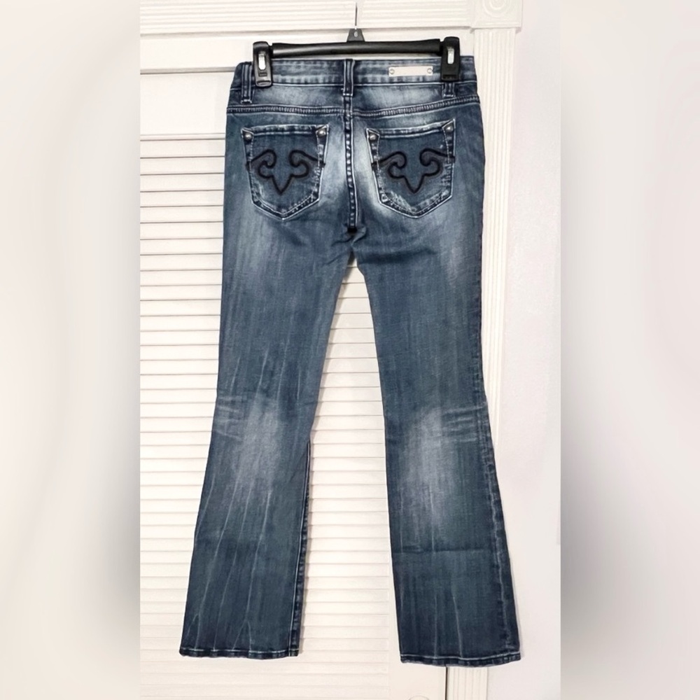 Y2K 2011 REROCK For Express Dark Distressed Low Rise Bootcut Jeans Size 0R - Picture 3 of 10